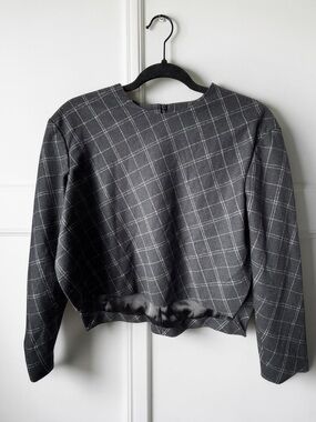 DESHI Wool Plaid Cropped Top Gray Windowpane Boxy Minimalist S Structured